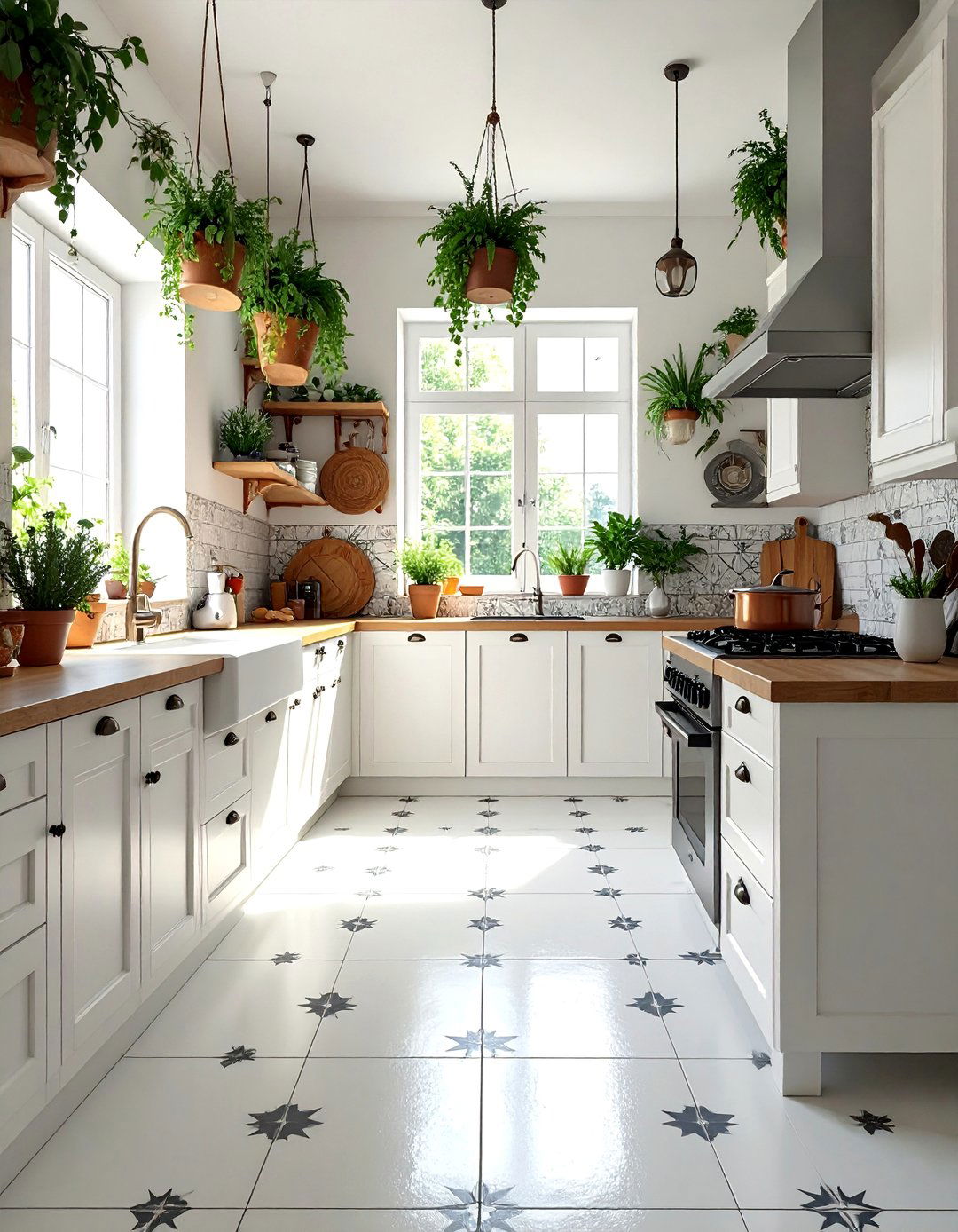 Star Patterned White Cement Kitchen Floor Tile - 25 White Kitchen Floor Ideas for a Clean Look