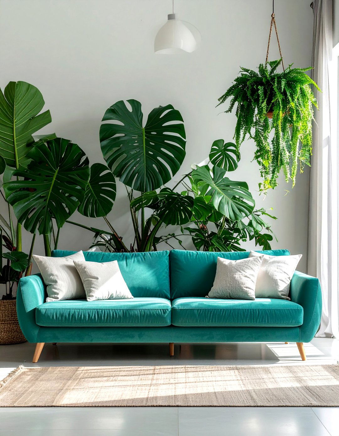 Teal Couch Surrounded by Houseplants - 20 Teal Couch Living Room Ideas for a Stylish Look