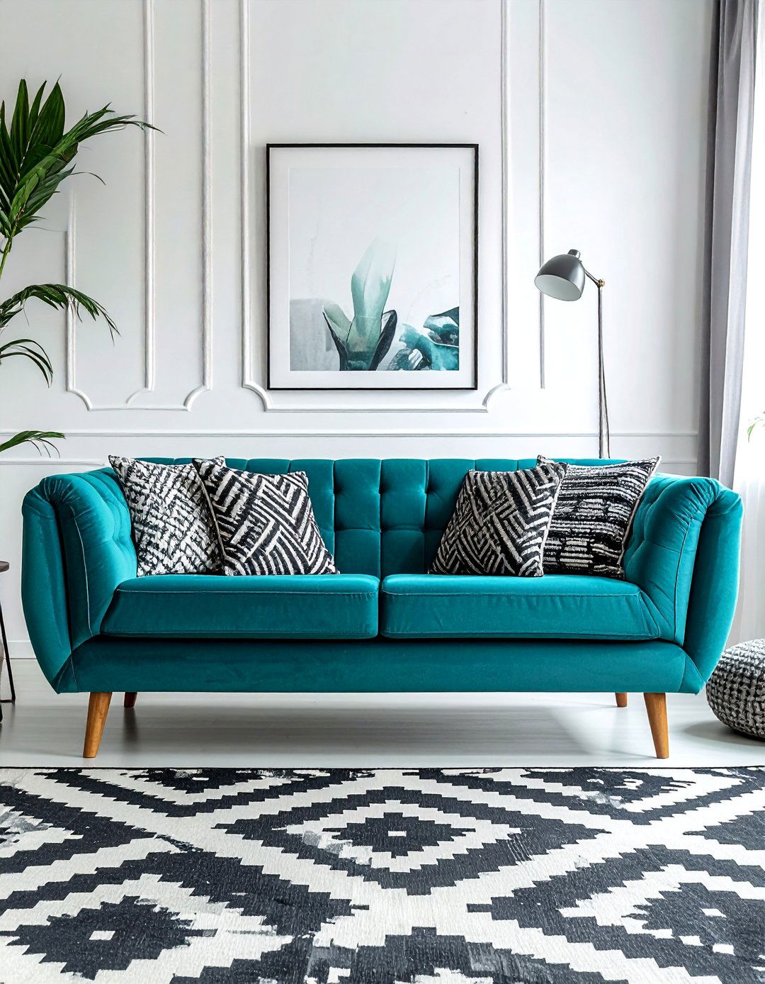 Teal Couch and Geometric Patterns - 20 Teal Couch Living Room Ideas for a Stylish Look