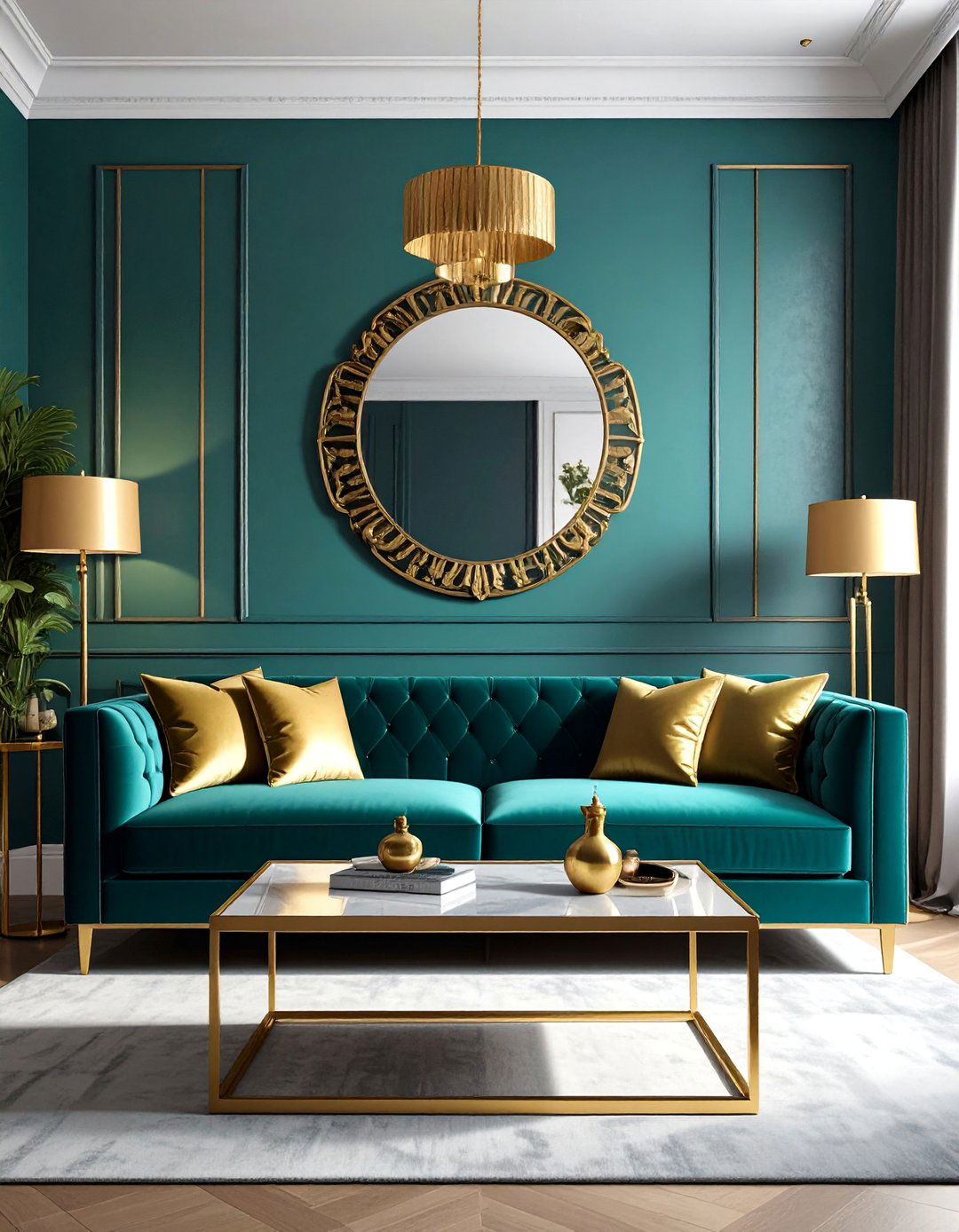 Teal Couch and Gold Metallic Details - 20 Teal Couch Living Room Ideas for a Stylish Look