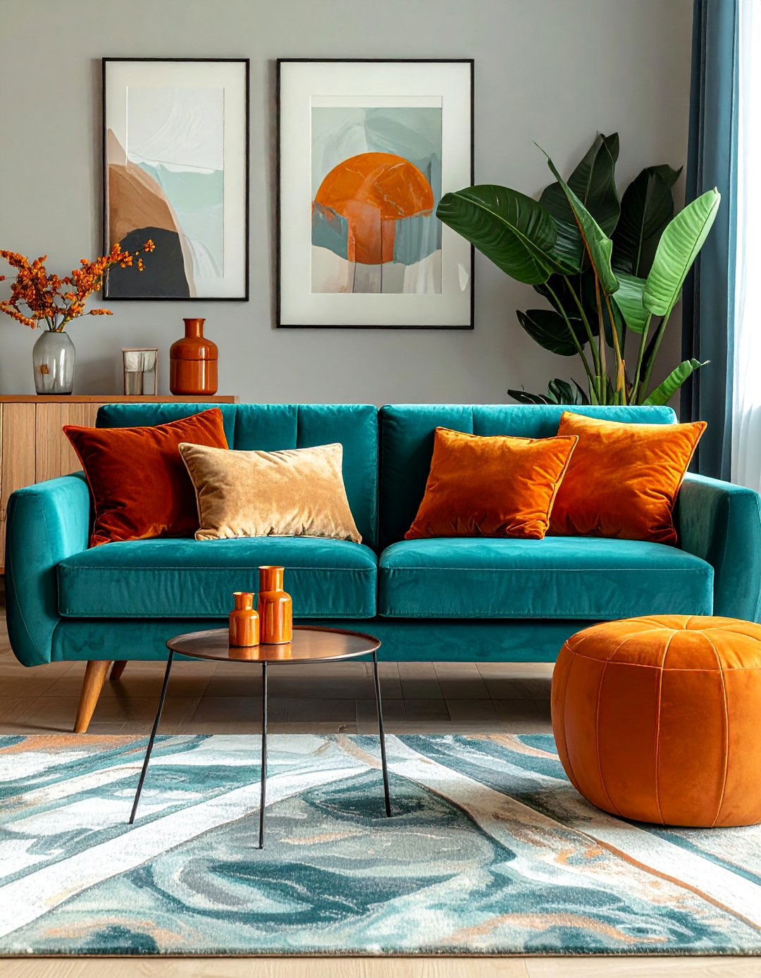 Teal Couch with Burnt Orange Accents - 20 Teal Couch Living Room Ideas for a Stylish Look