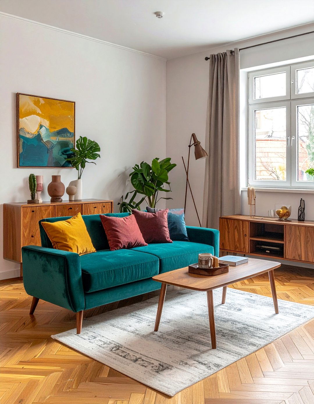 Teal Couch with Natural Wood Furniture - 20 Teal Couch Living Room Ideas for a Stylish Look