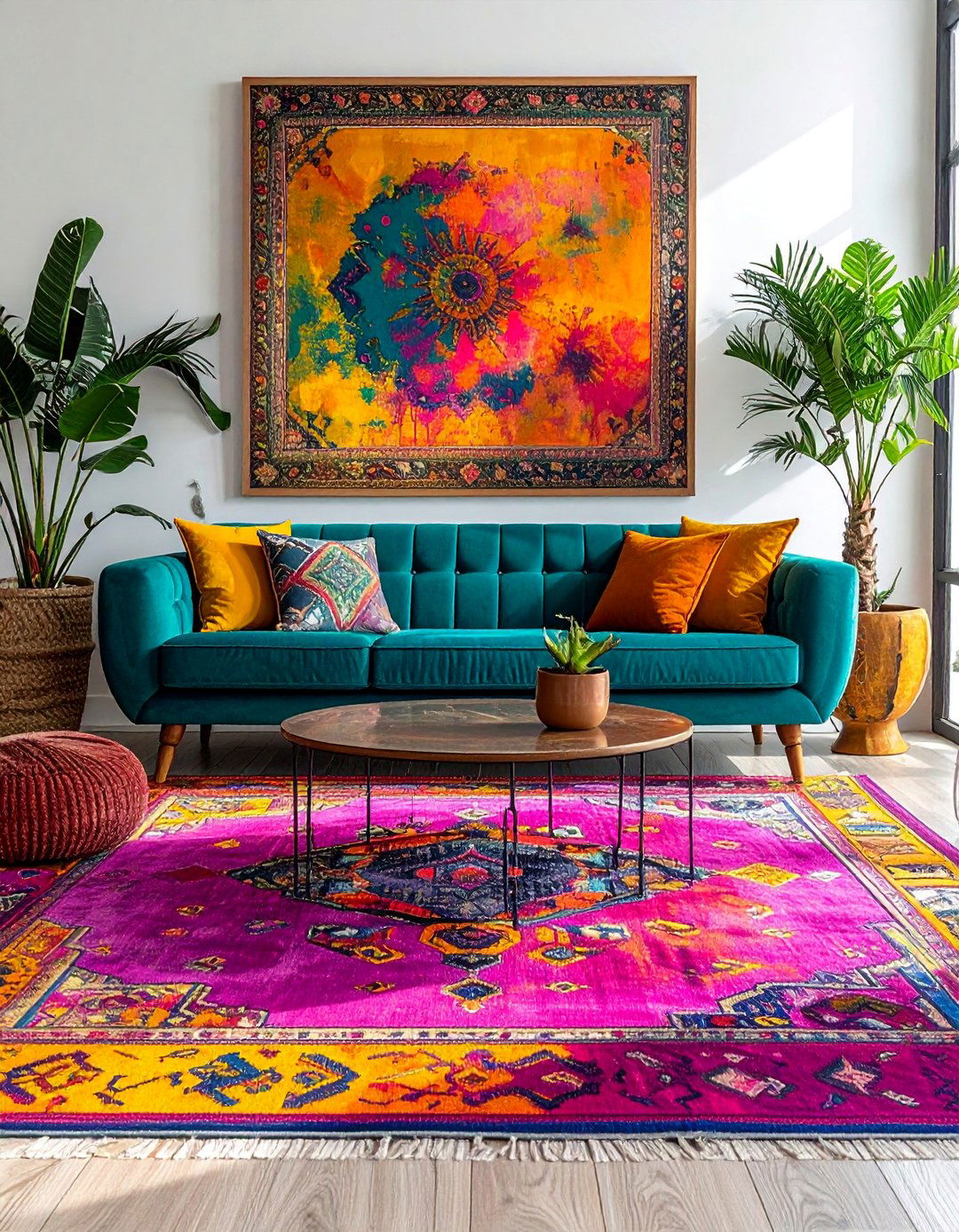Teal Couch with a Colorful Area Rug - 20 Teal Couch Living Room Ideas for a Stylish Look