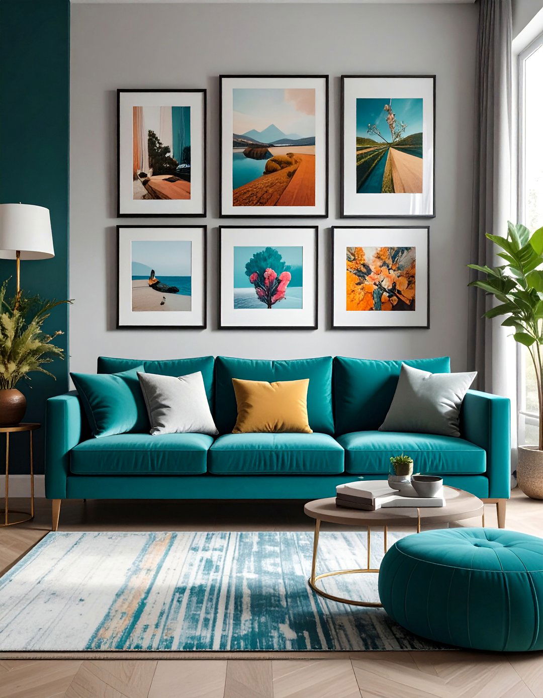 Teal Couch with a Statement Gallery Wall - 20 Teal Couch Living Room Ideas for a Stylish Look