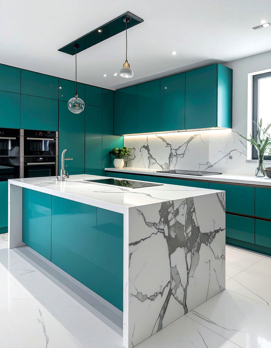 Teal Kitchen Island with a Waterfall Countertop - 20 Teal Kitchen Ideas for a Bold and Vibrant Space