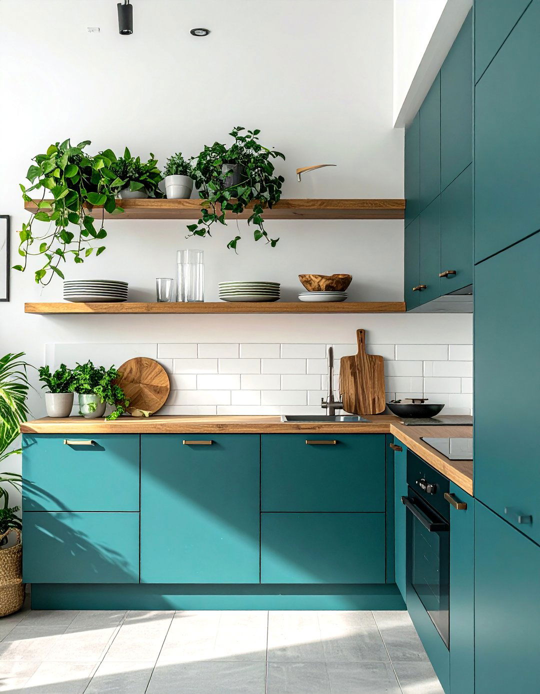Teal Kitchen Lower Cabinets with Open Shelving - 20 Teal Kitchen Ideas for a Bold and Vibrant Space