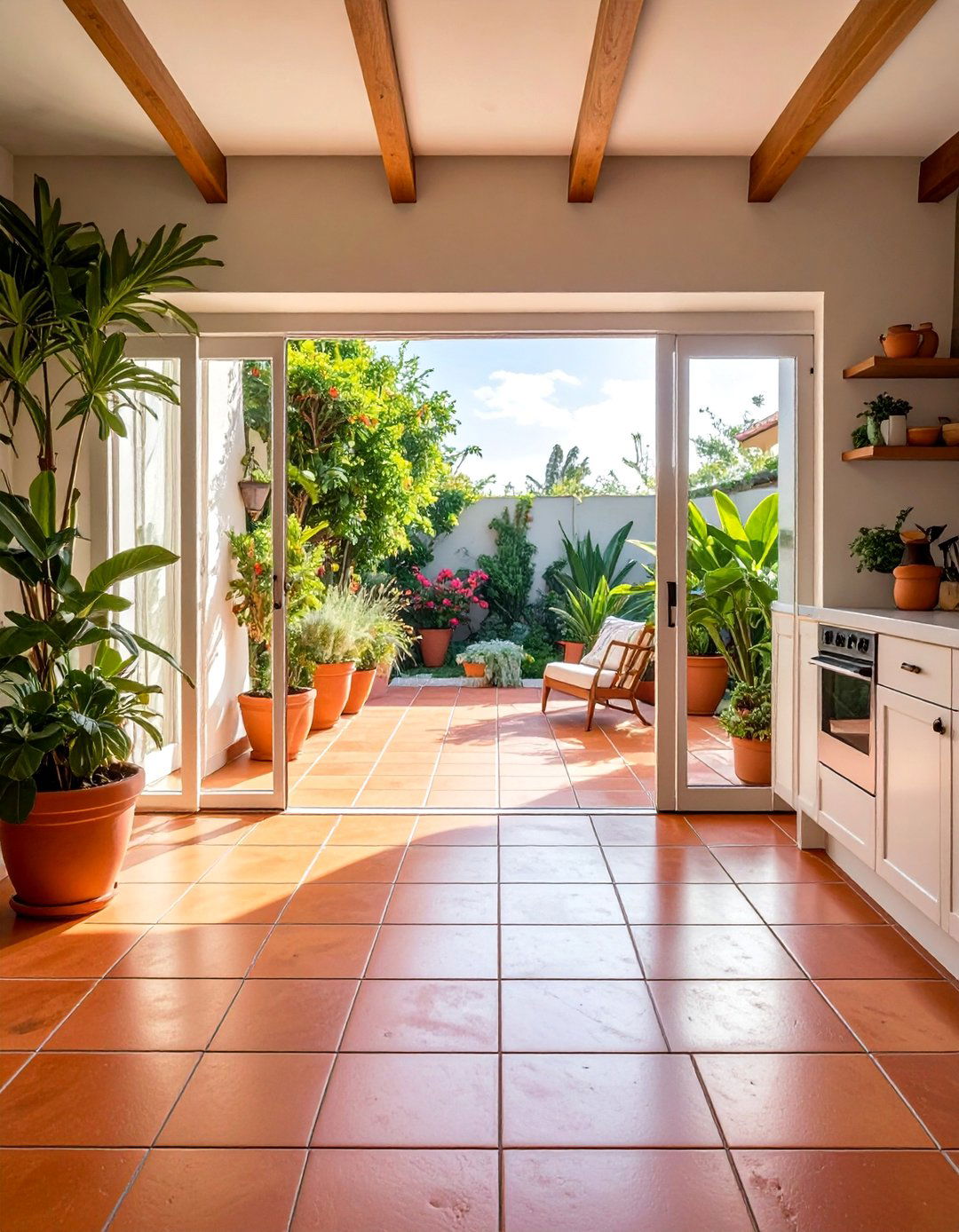 Terracotta Floor Extending to an Outdoor Patio - 20 Terracotta Kitchen Floor Ideas for a Rustic Look