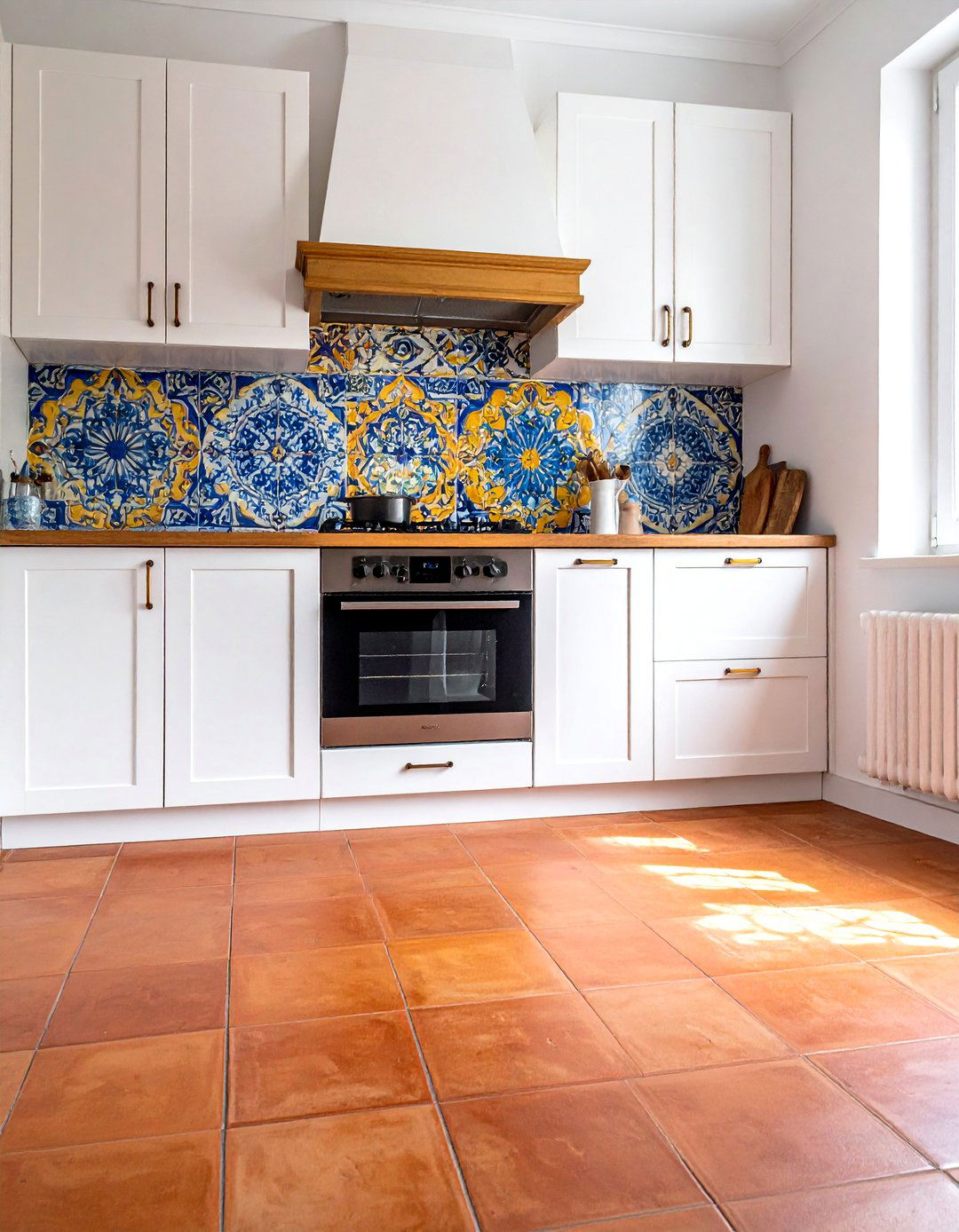 Terracotta Floor with a Colorful Patterned Backsplash - 20 Terracotta Kitchen Floor Ideas for a Rustic Look