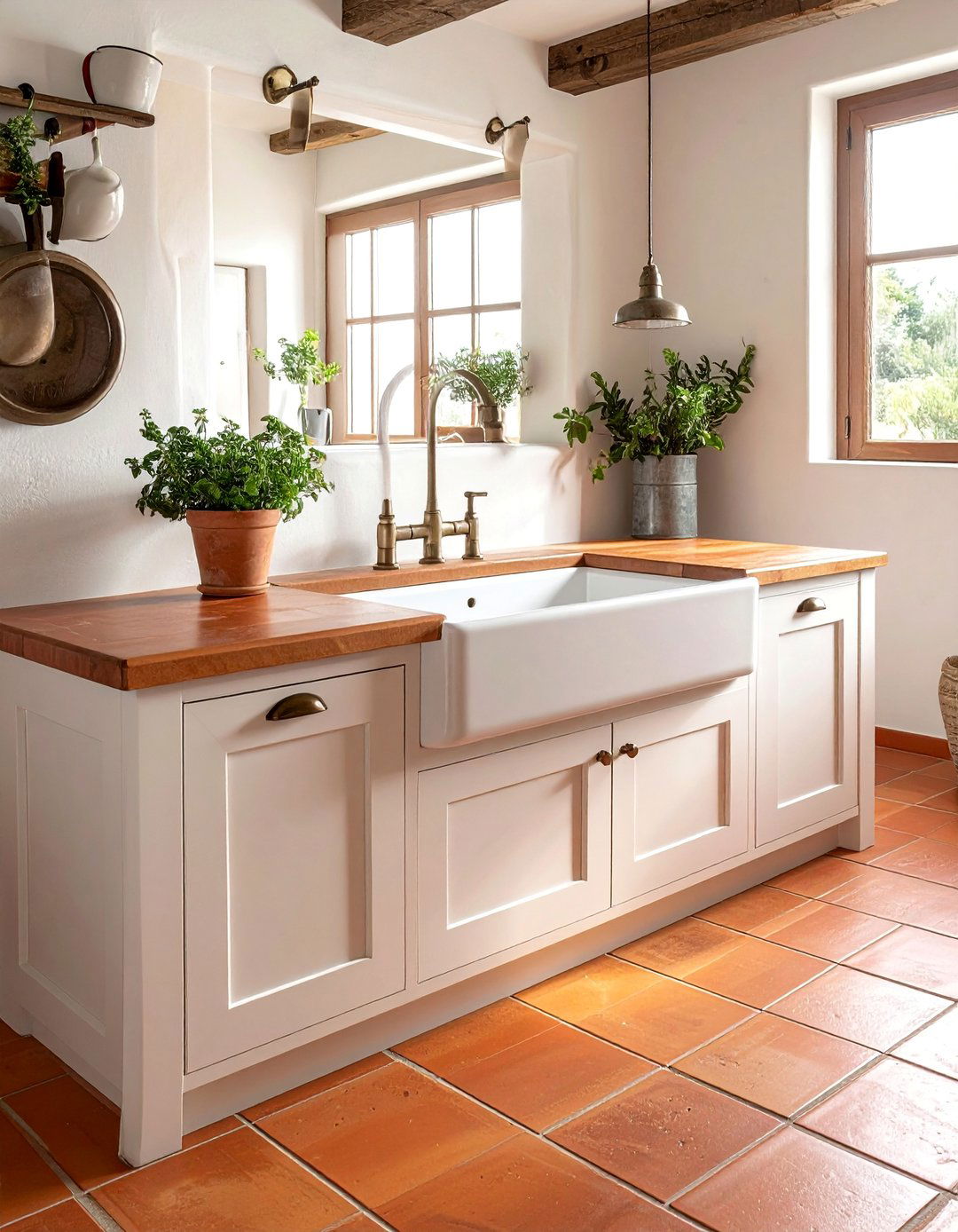 Terracotta Floor with a Farmhouse Sink and Bridge Faucet - 20 Terracotta Kitchen Floor Ideas for a Rustic Look