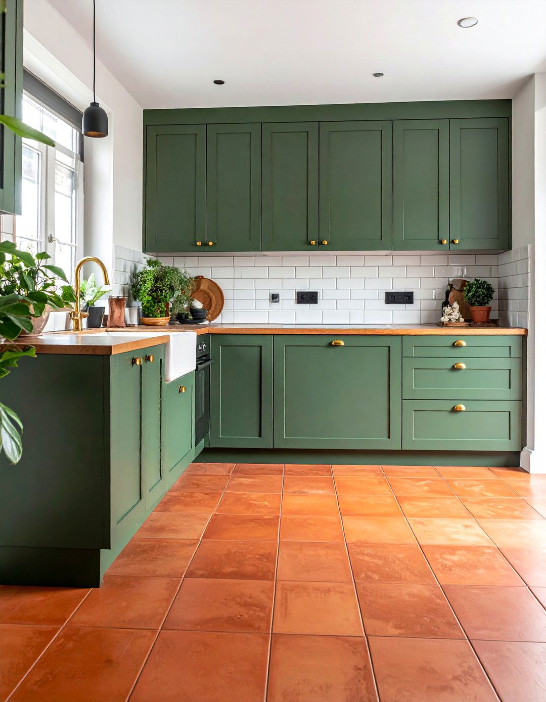 Terracotta Kitchen Floor with Green Cabinets - 20 Terracotta Kitchen Floor Ideas for a Rustic Look