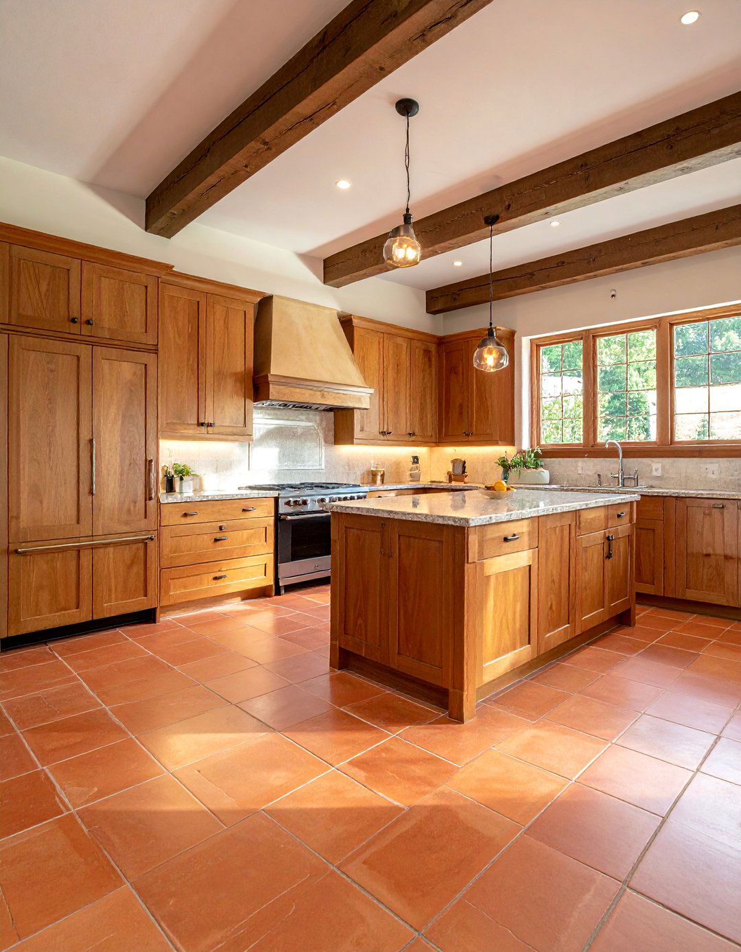 Terracotta Kitchen Floor with Natural Wood Cabinets - 20 Terracotta Kitchen Floor Ideas for a Rustic Look