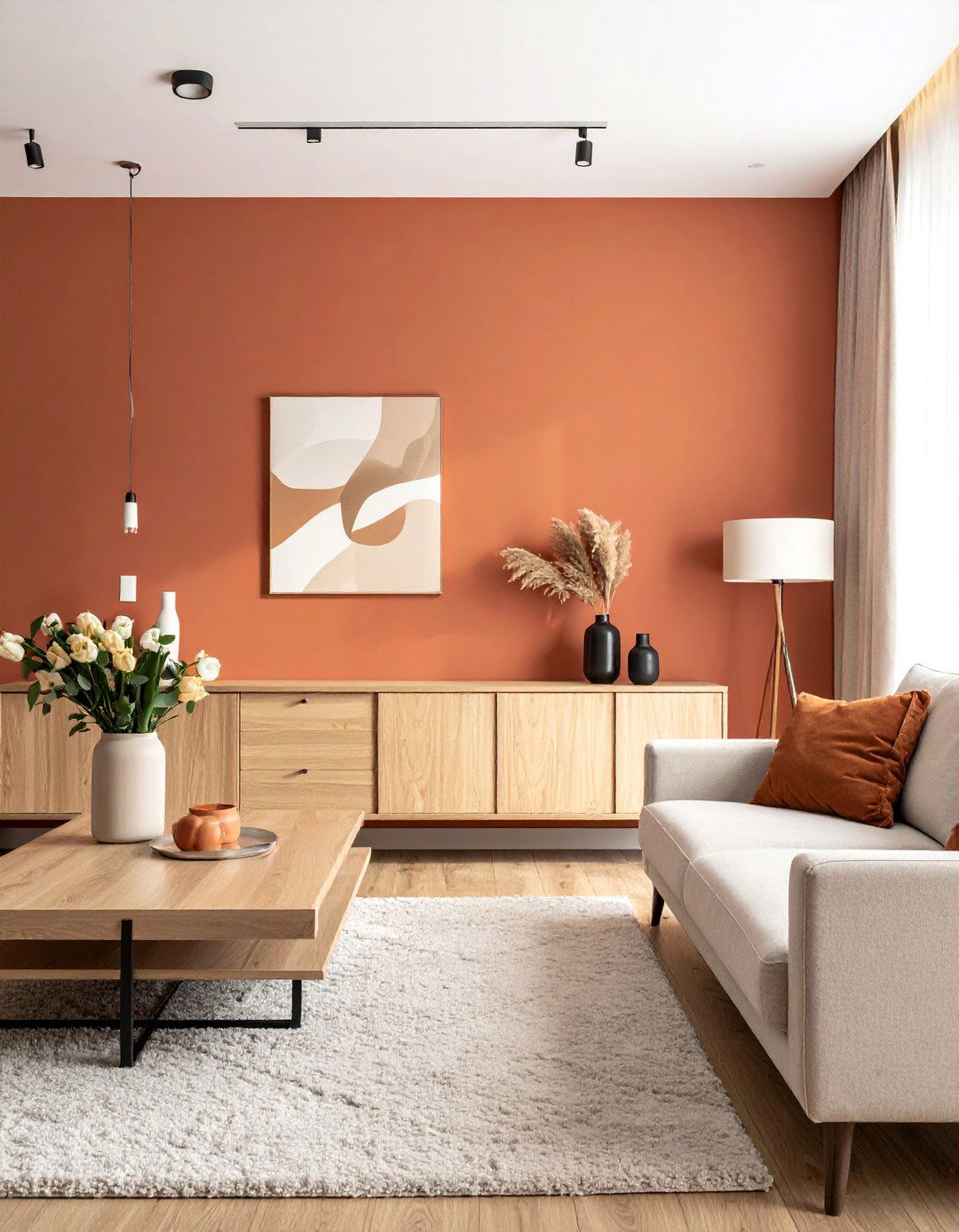 Terracotta and Light Wood Combination - 20 Terracotta Living Room Ideas for a Cozy Ambiance