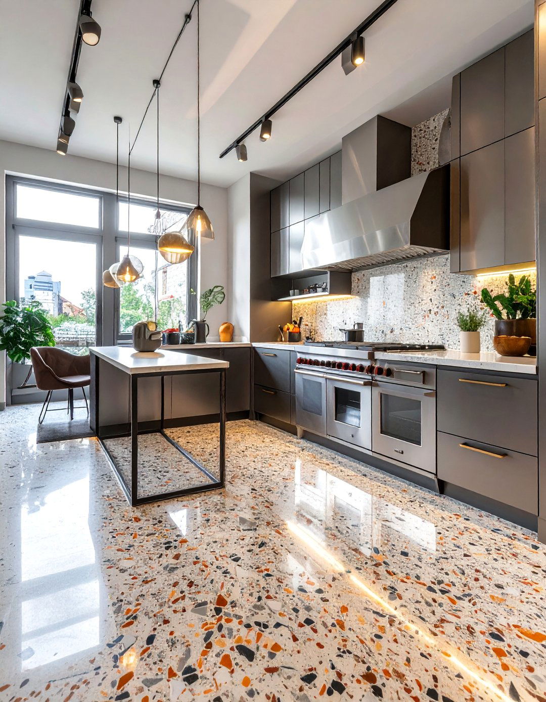 Terrazzo Kitchen Floor Paired with Metal Cabinets - 20 Terrazzo Kitchen Floor Ideas for a Unique Look