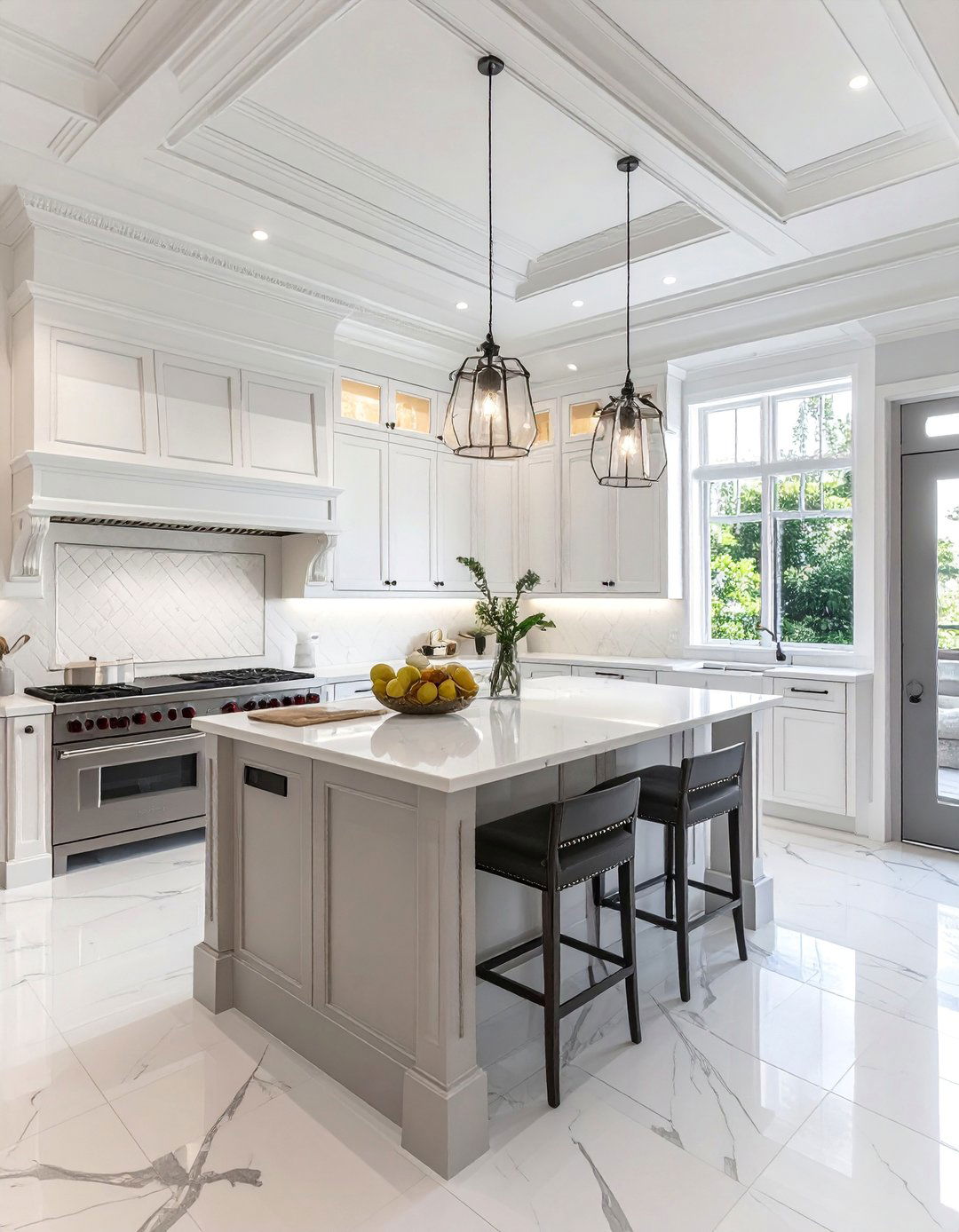Traditional White Kitchen with Ornate Details and Stainless Steel Appliances - 25 White Kitchen with Stainless Steel Appliances Ideas