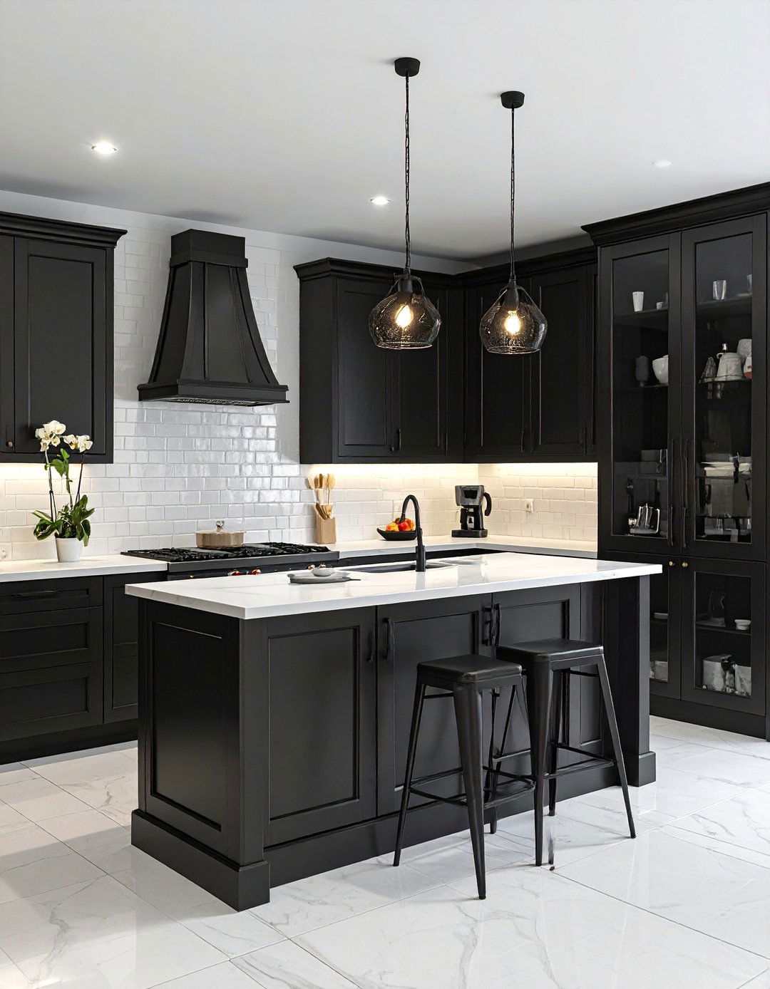 Traditional White Kitchen with a Black Hutch or Pantry Cabinet - 25 White Kitchen with Black Appliances Ideas