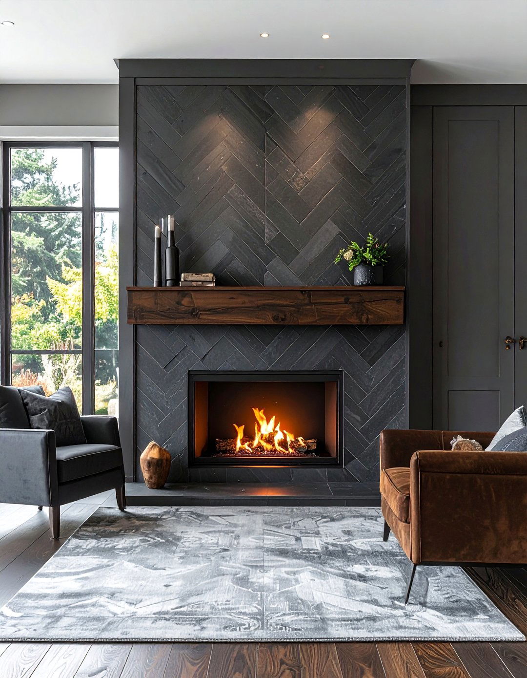 Transitional Fireplace with Dark Herringbone Tile - 20 Transitional Fireplace Ideas for a Timeless Look