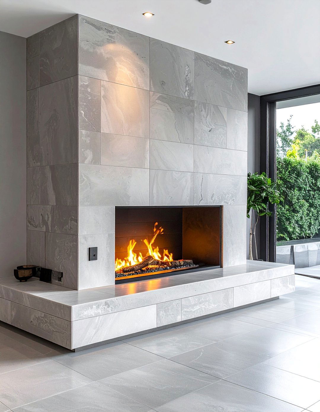 Transitional Fireplace with Large Format Porcelain Tile - 20 Transitional Fireplace Ideas for a Timeless Look