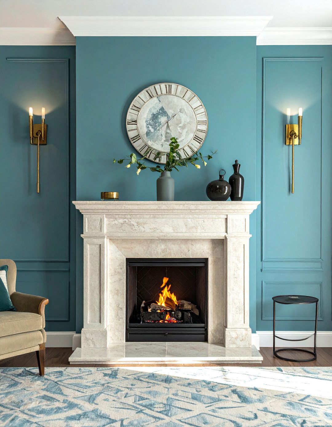 Transitional Fireplace with Symmetrical Wall Sconces