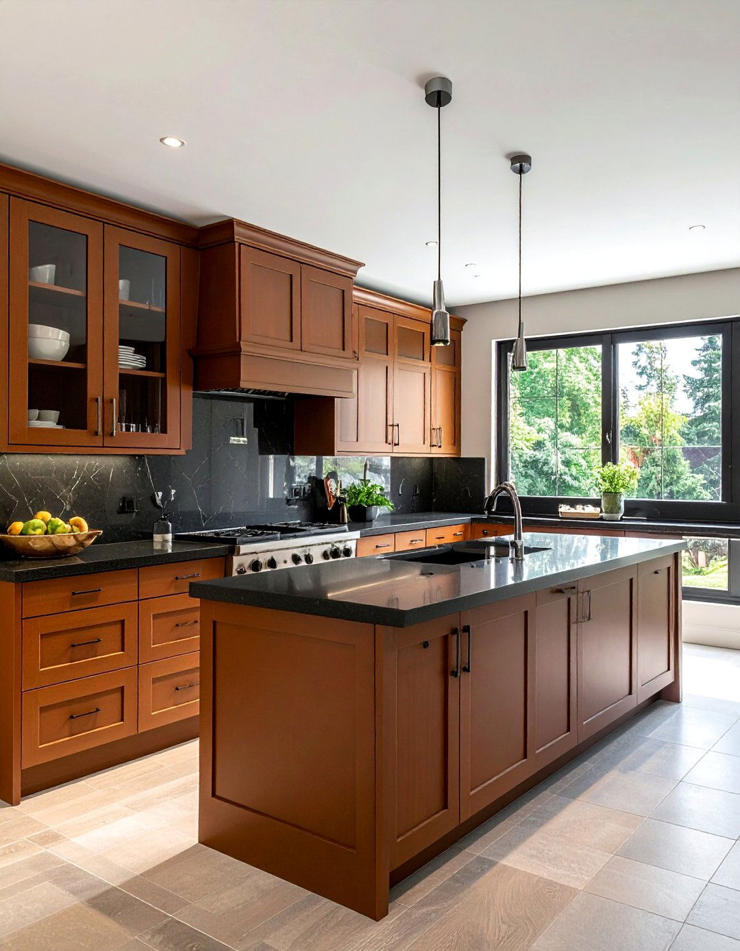 Transitional Kitchen With Glass Front Brown Cabinet Accents - 25 Brown Kitchen Cabinets With Black Countertops Ideas
