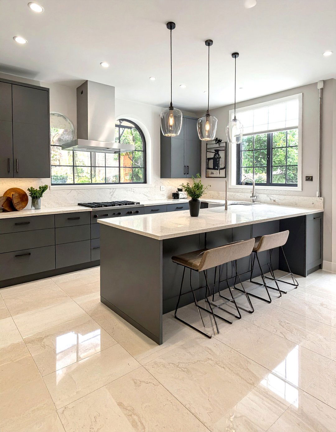Travertine Floor Kitchen with Contemporary Gray Cabinets - 20 Travertine Floor Kitchen Ideas for Elegant Spaces