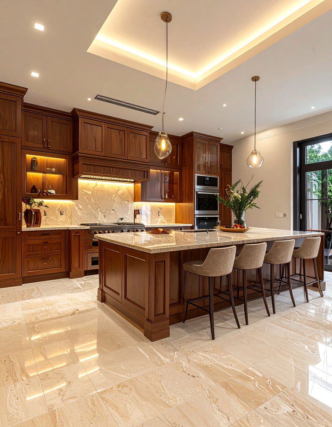 Travertine Floor Kitchen with Rich Dark Wood Cabinets - 20 Travertine Floor Kitchen Ideas for Elegant Spaces