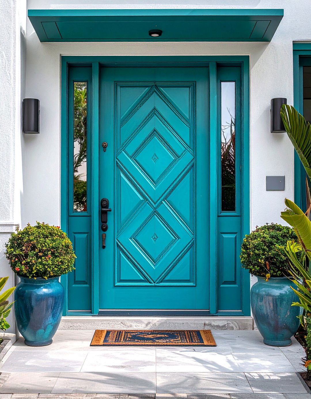 Turquoise Front Door Featuring Geometric Patterns - 20 Turquoise Front Door Ideas to Boost Curb Appeal