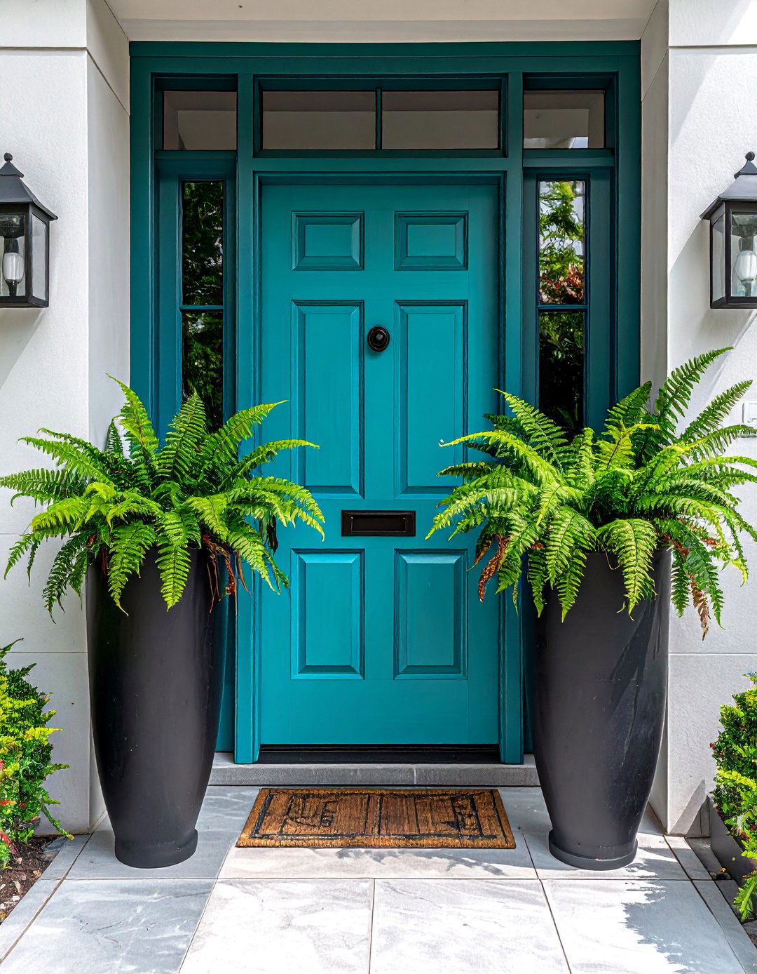 Turquoise Front Door Flanked by Tall Planters - 20 Turquoise Front Door Ideas to Boost Curb Appeal