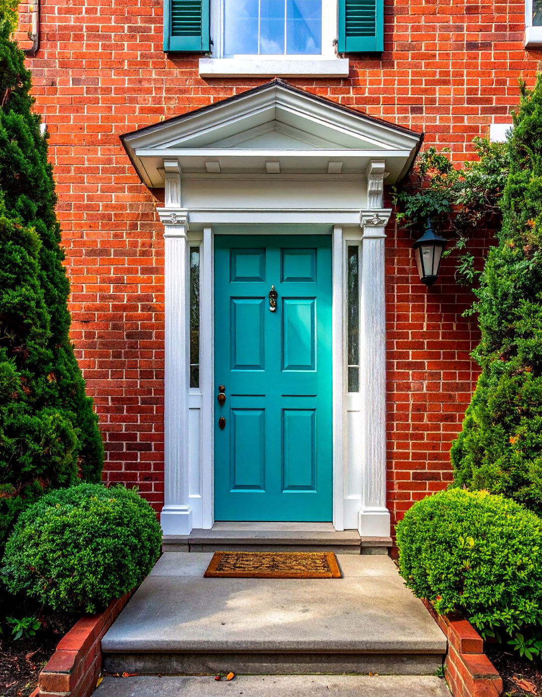 Turquoise Front Door Paired with Red Brick - 20 Turquoise Front Door Ideas to Boost Curb Appeal