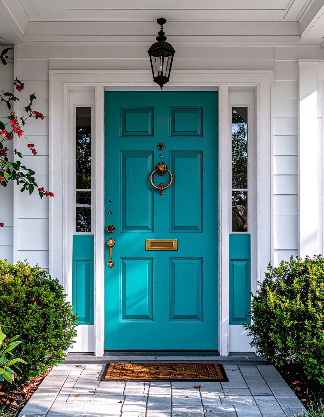 Turquoise Front Door with Brass Hardware - 20 Turquoise Front Door Ideas to Boost Curb Appeal