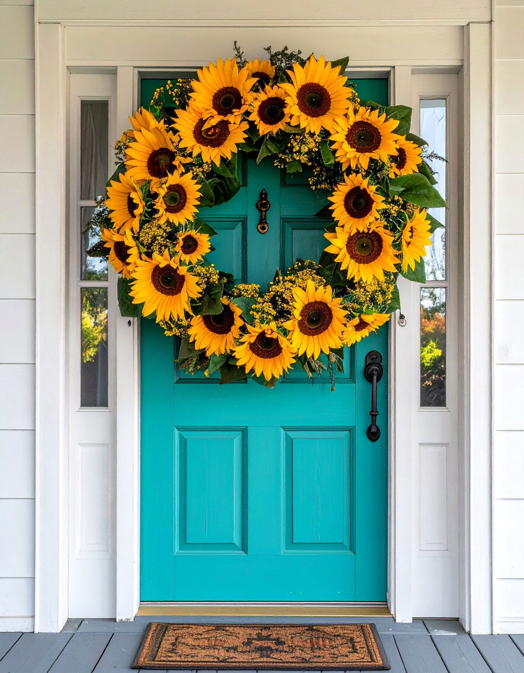 Turquoise Front Door with a Bold Yellow Wreath - 20 Turquoise Front Door Ideas to Boost Curb Appeal