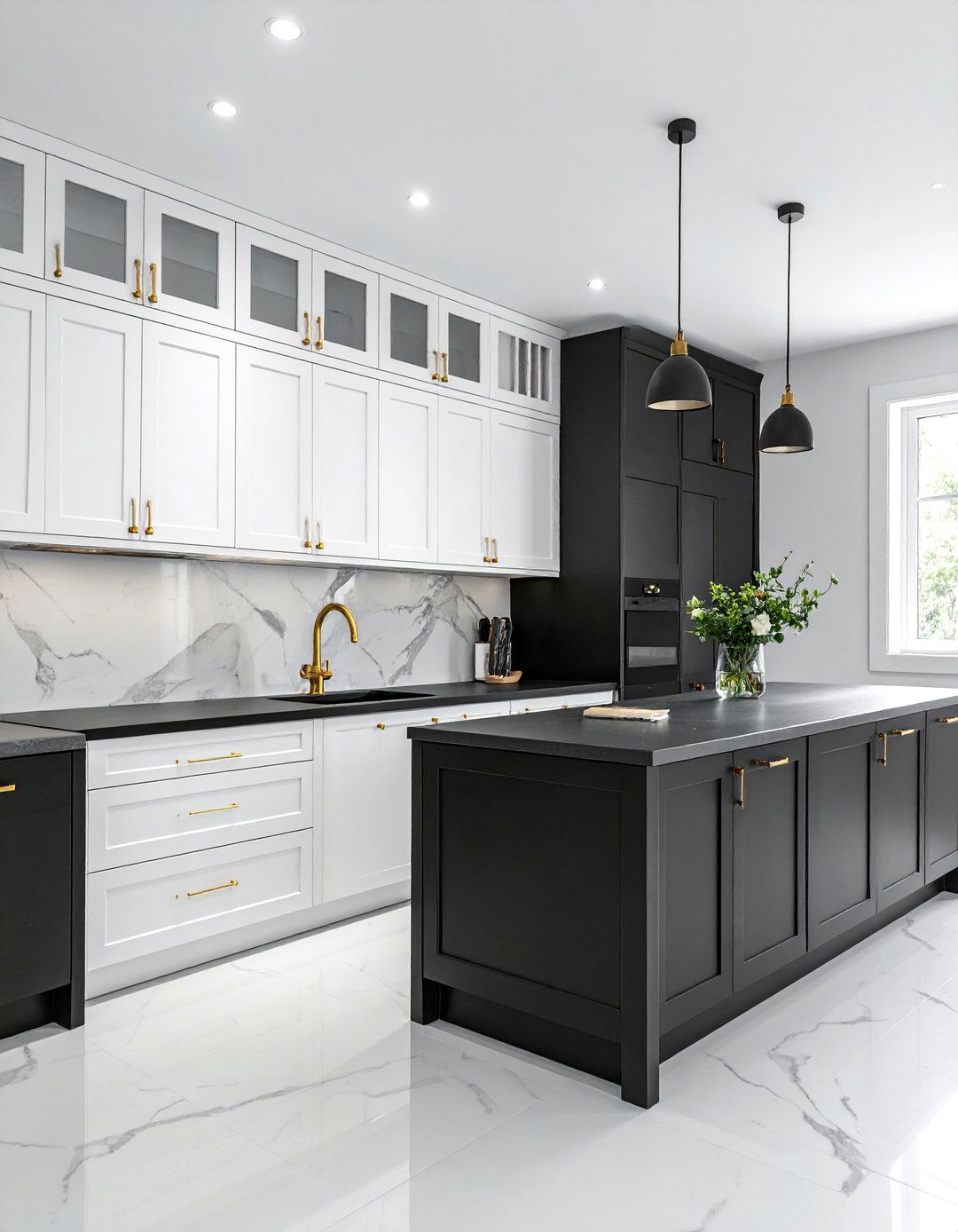 Two Tone Cabinets in Black and White - 25 Black White and Gold Kitchen Ideas for Elegance