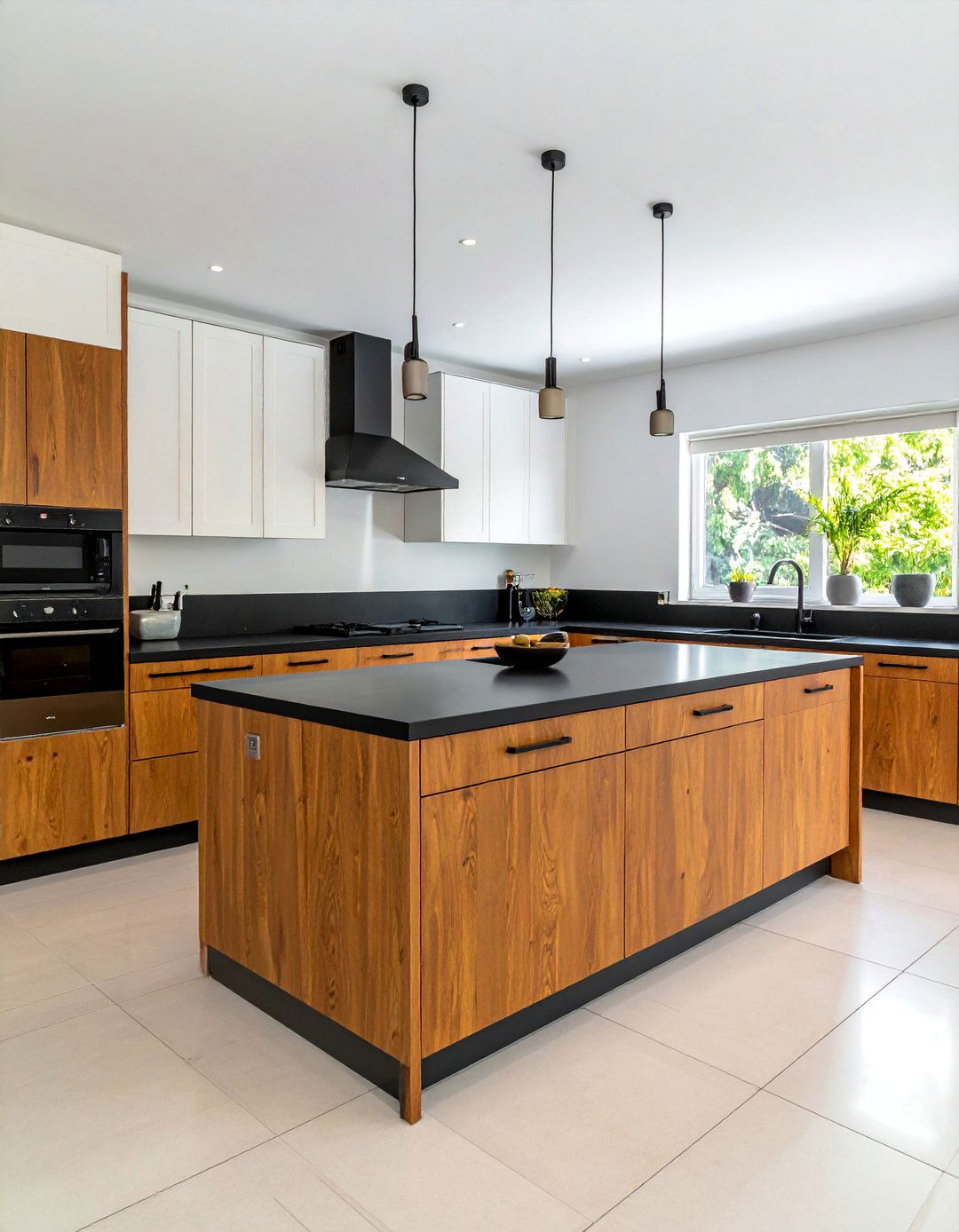 Two Tone Kitchen With Brown Lower Cabinets and White Uppers - 25 Brown Kitchen Cabinets With Black Countertops Ideas