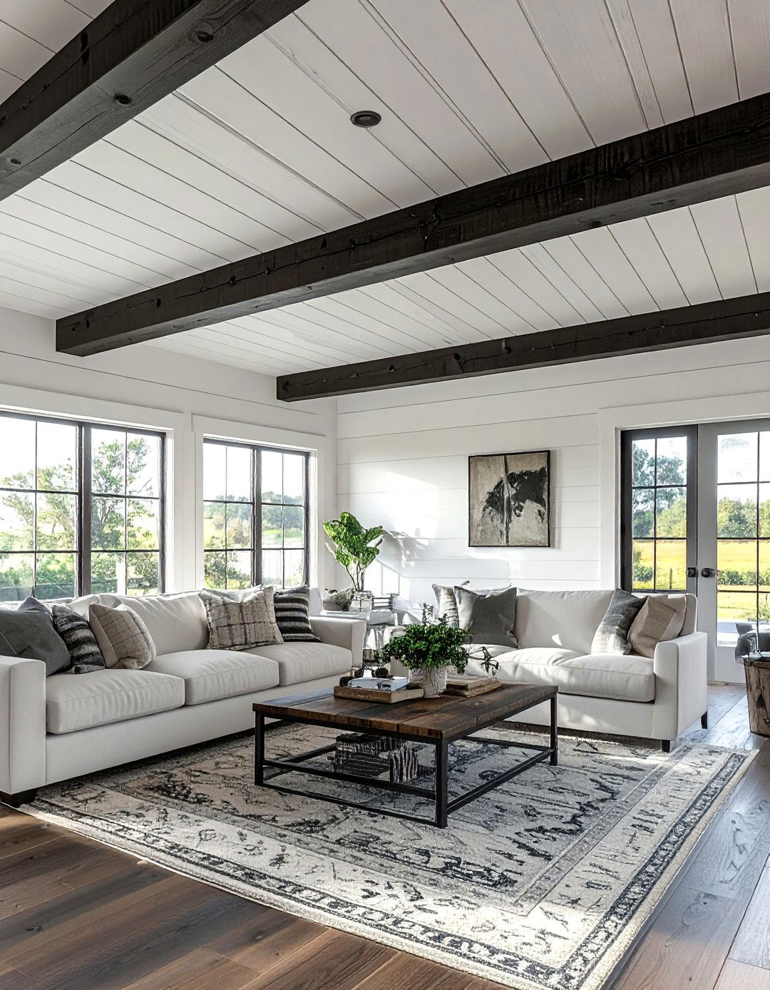 Two Tone Shiplap and Beam Farmhouse Ceiling - 20 Farmhouse Ceiling Ideas to Add Character to Your Home