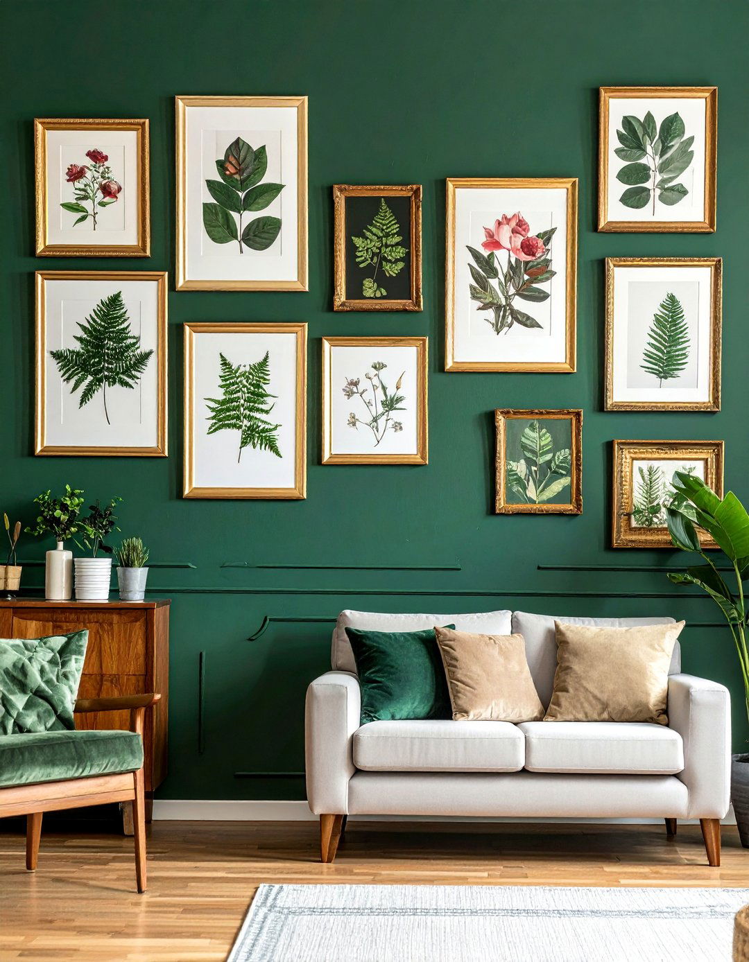 Victorian Dark Green Living Room Featuring Botanical Prints - 25 Victorian Dark Green Living Room Ideas for a Rich Look