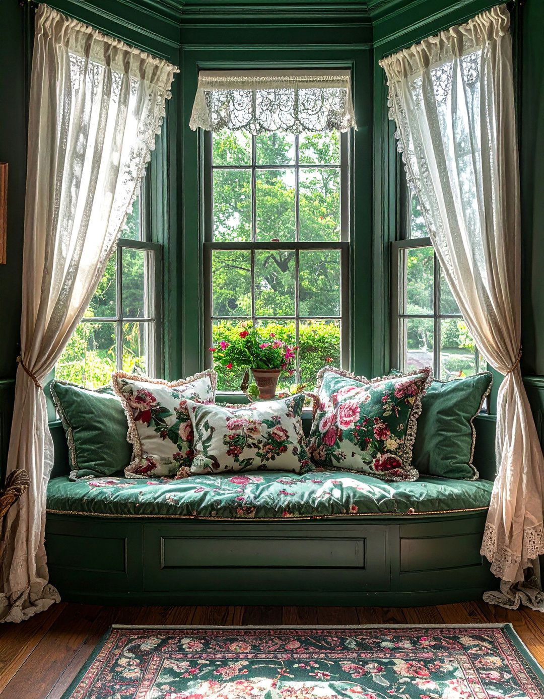 Victorian Dark Green Living Room Featuring a Bay Window Nook - 25 Victorian Dark Green Living Room Ideas for a Rich Look