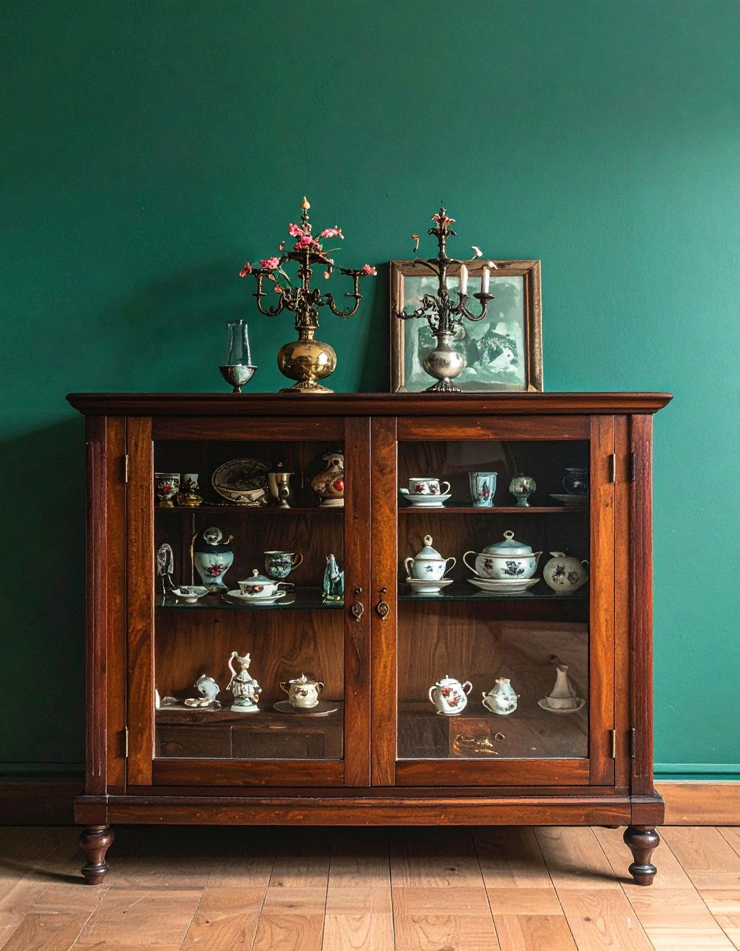Victorian Dark Green Living Room with Curio Cabinets - 25 Victorian Dark Green Living Room Ideas for a Rich Look