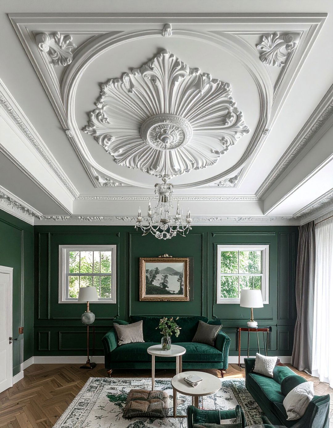 Victorian Dark Green Living Room with Decorative Ceiling Medallions - 25 Victorian Dark Green Living Room Ideas for a Rich Look
