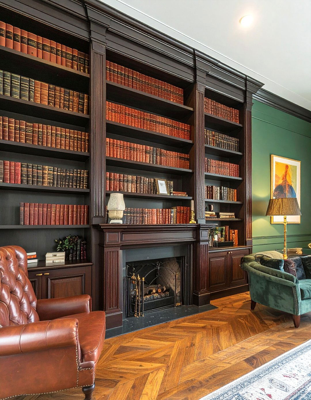 Victorian Dark Green Living Room with Floor to Ceiling Bookshelves - 25 Victorian Dark Green Living Room Ideas for a Rich Look