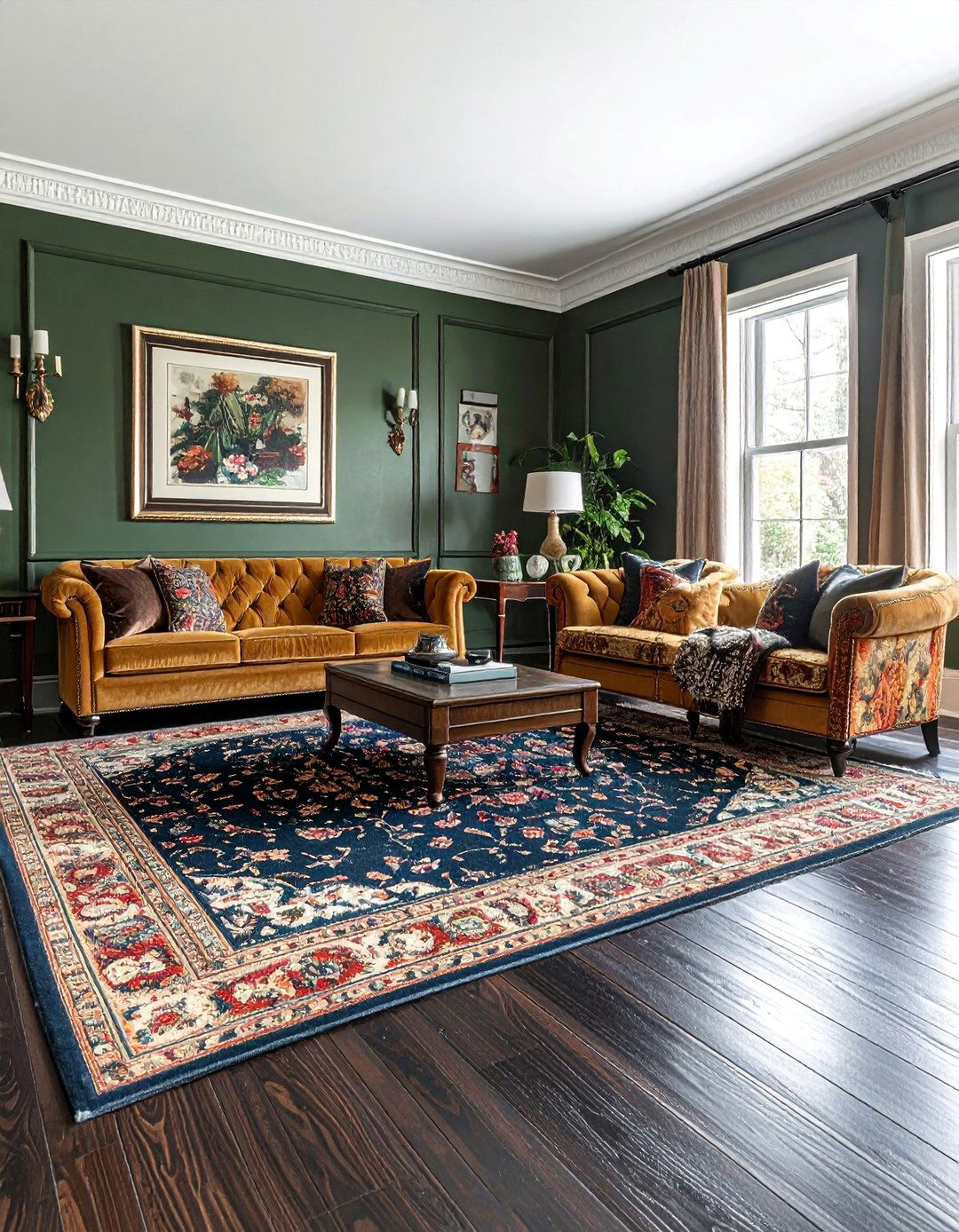 Victorian Dark Green Living Room with Ornate Area Carpets - 25 Victorian Dark Green Living Room Ideas for a Rich Look