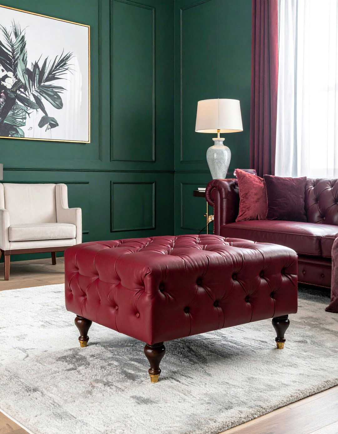 Victorian Dark Green Living Room with Tufted Ottomans - 25 Victorian Dark Green Living Room Ideas for a Rich Look