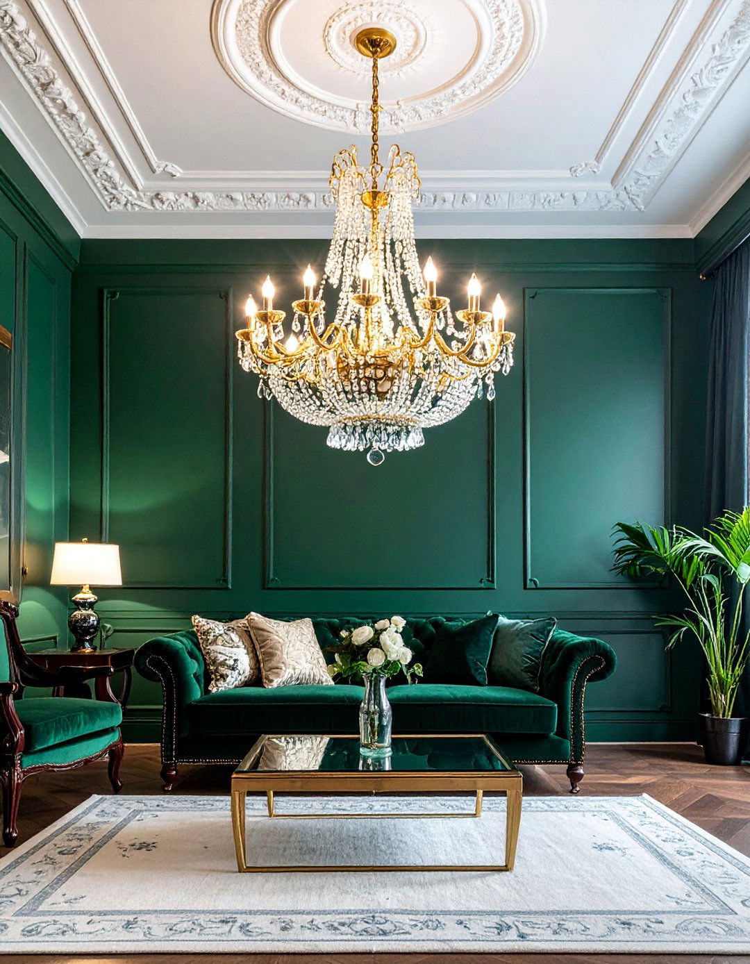 Victorian Dark Green Living Room with a Crystal Chandelier - 25 Victorian Dark Green Living Room Ideas for a Rich Look