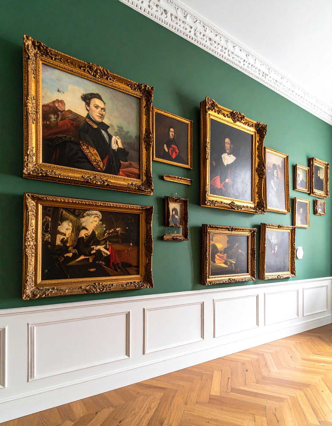 Victorian Dark Green Living Room with a Portrait Gallery Wall