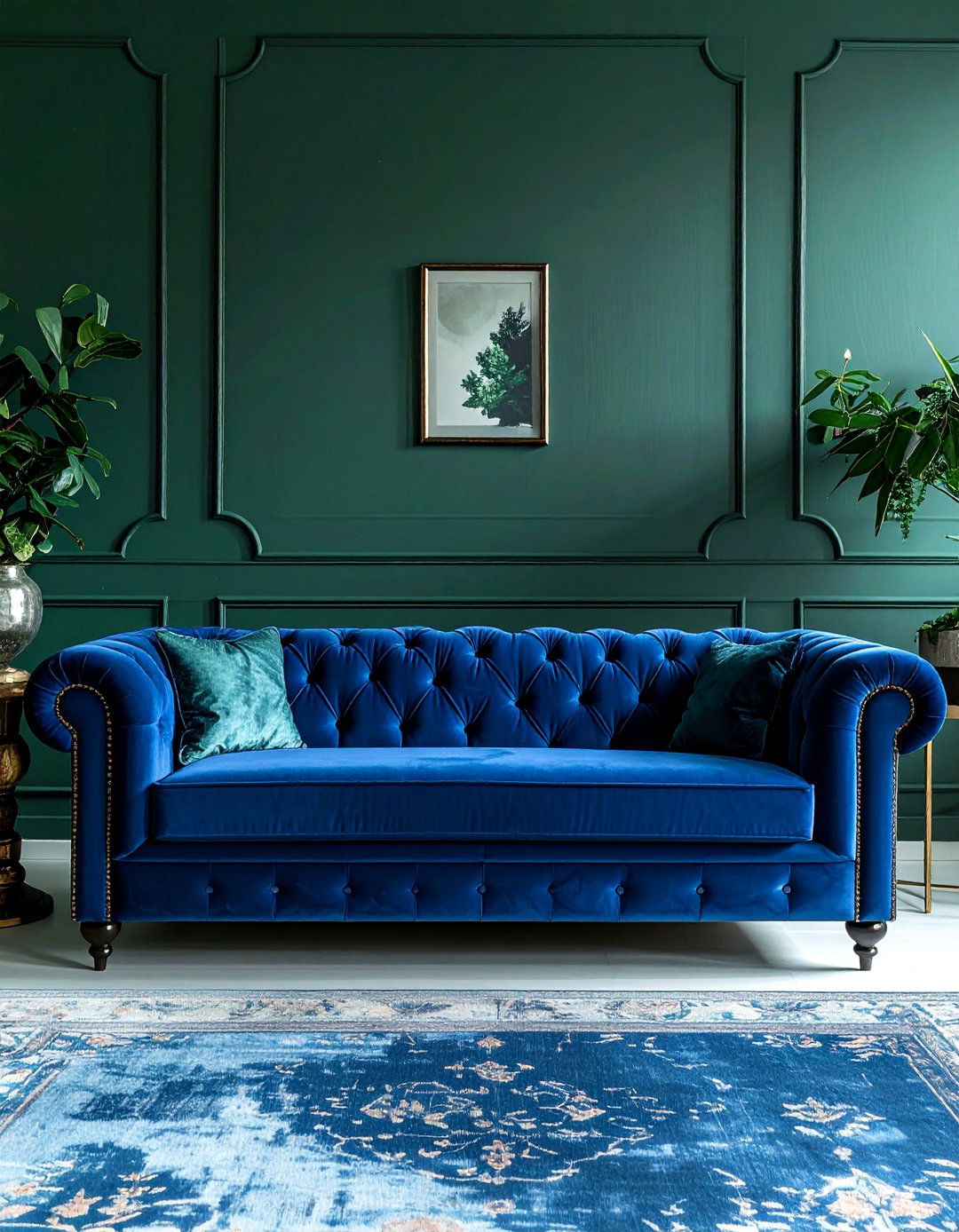 Victorian Dark Green Living Room with a Velvet Chesterfield Sofa - 25 Victorian Dark Green Living Room Ideas for a Rich Look