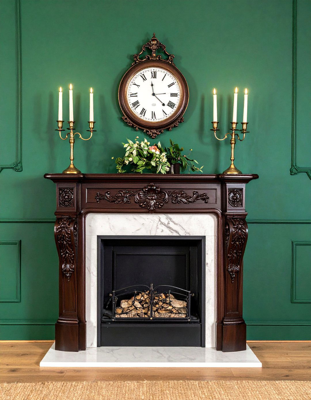 Victorian Dark Green Living Room with an Ornate Fireplace Mantel - 25 Victorian Dark Green Living Room Ideas for a Rich Look