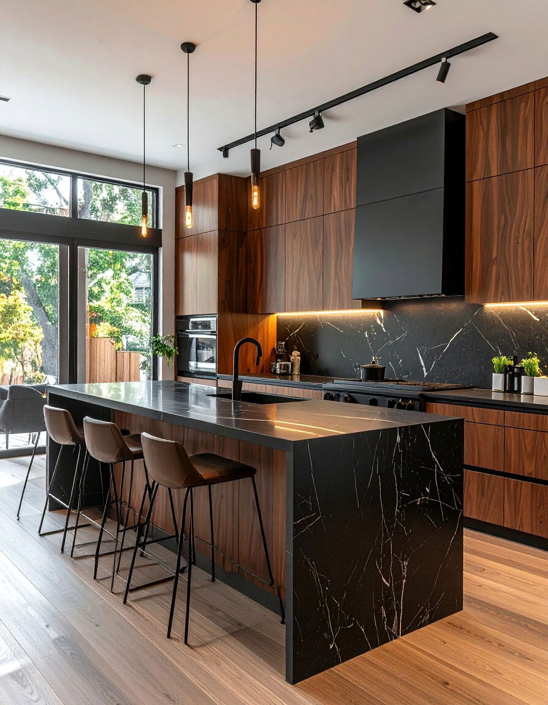 Walnut Flat Panel Brown Cabinets With A Black Waterfall Countertop - 25 Brown Kitchen Cabinets With Black Countertops Ideas
