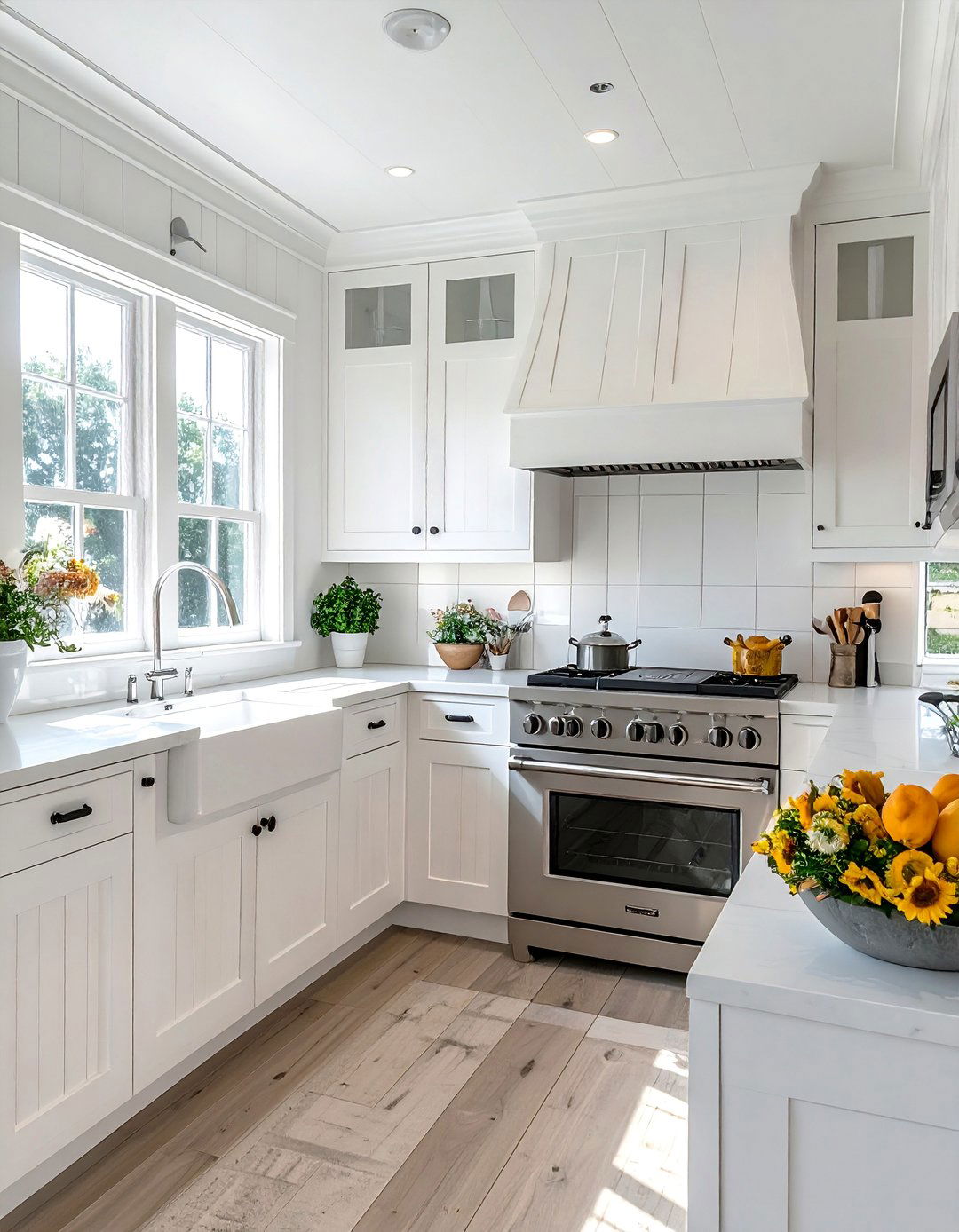 White Beadboard Cabinets with Stainless Steel Appliances - 25 White Kitchen with Stainless Steel Appliances Ideas