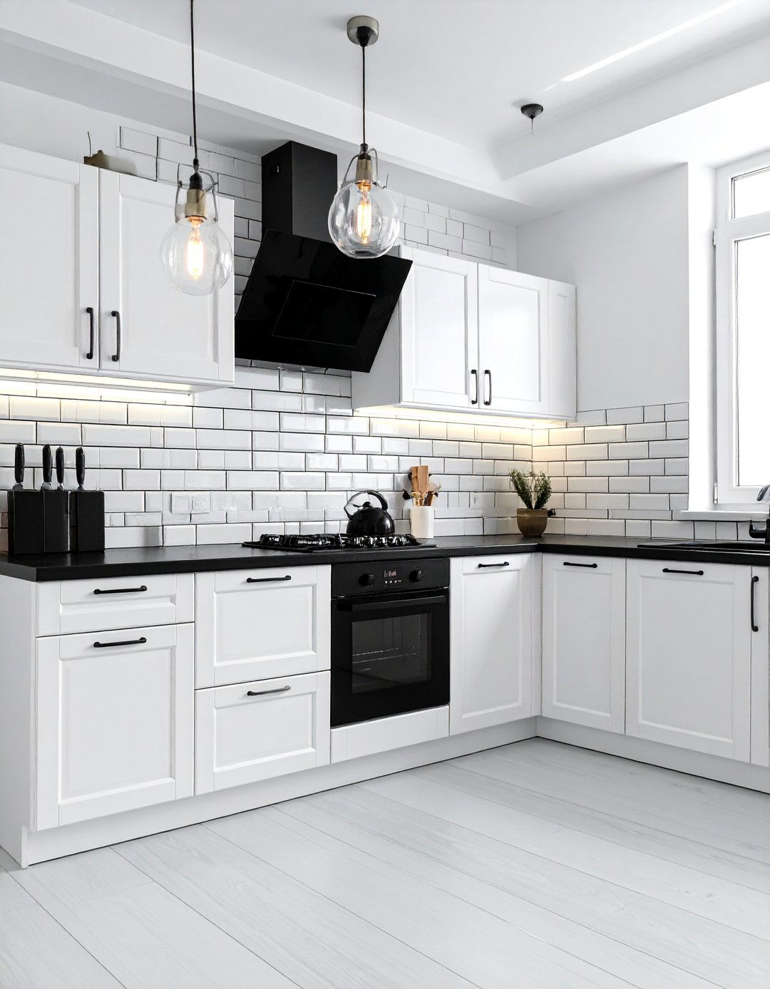 White Brick Backsplash with Black Grout - 25 White Kitchen with Black Appliances Ideas