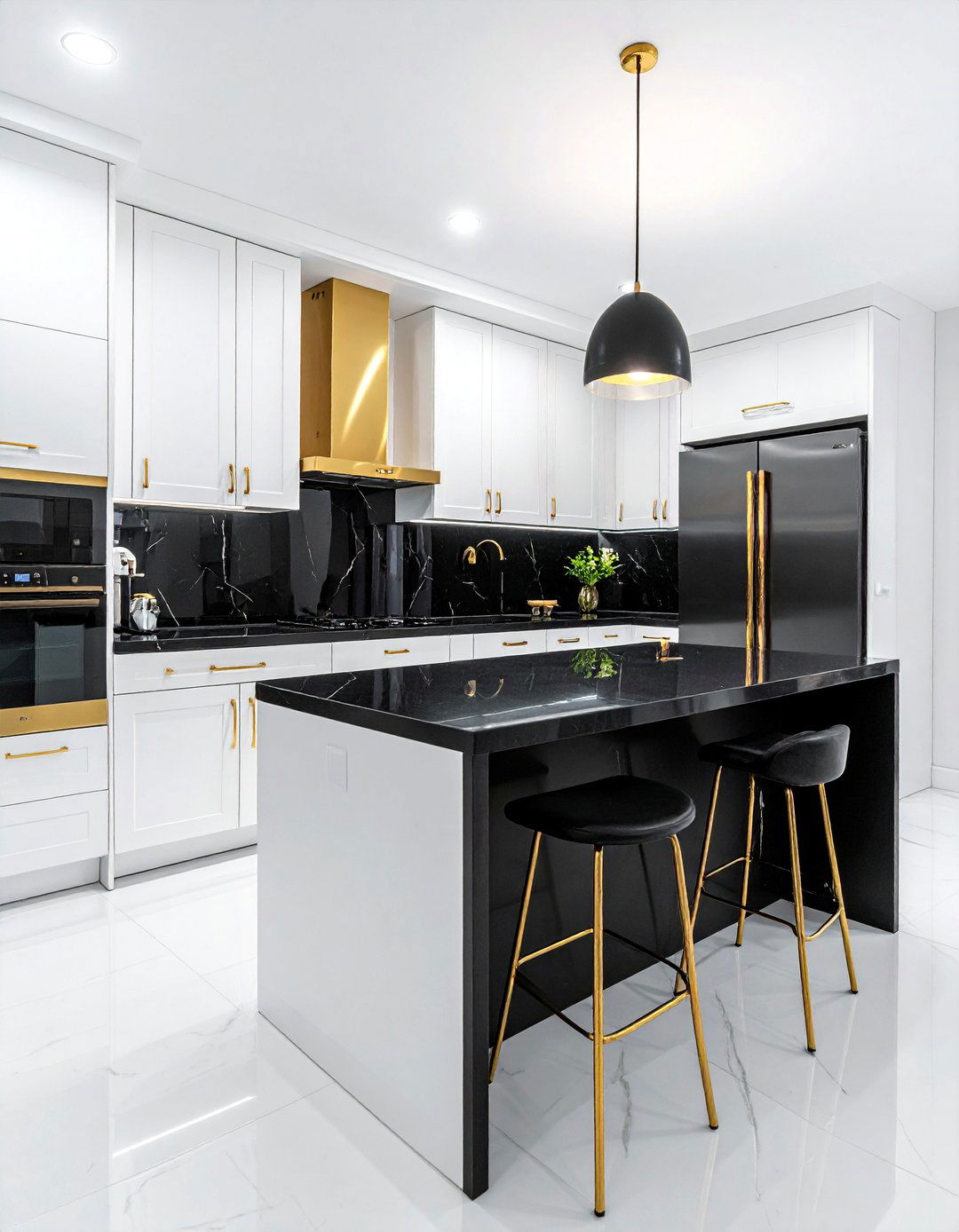 White Cabinets with Black Countertops and Gold Hardware - 25 Black White and Gold Kitchen Ideas for Elegance