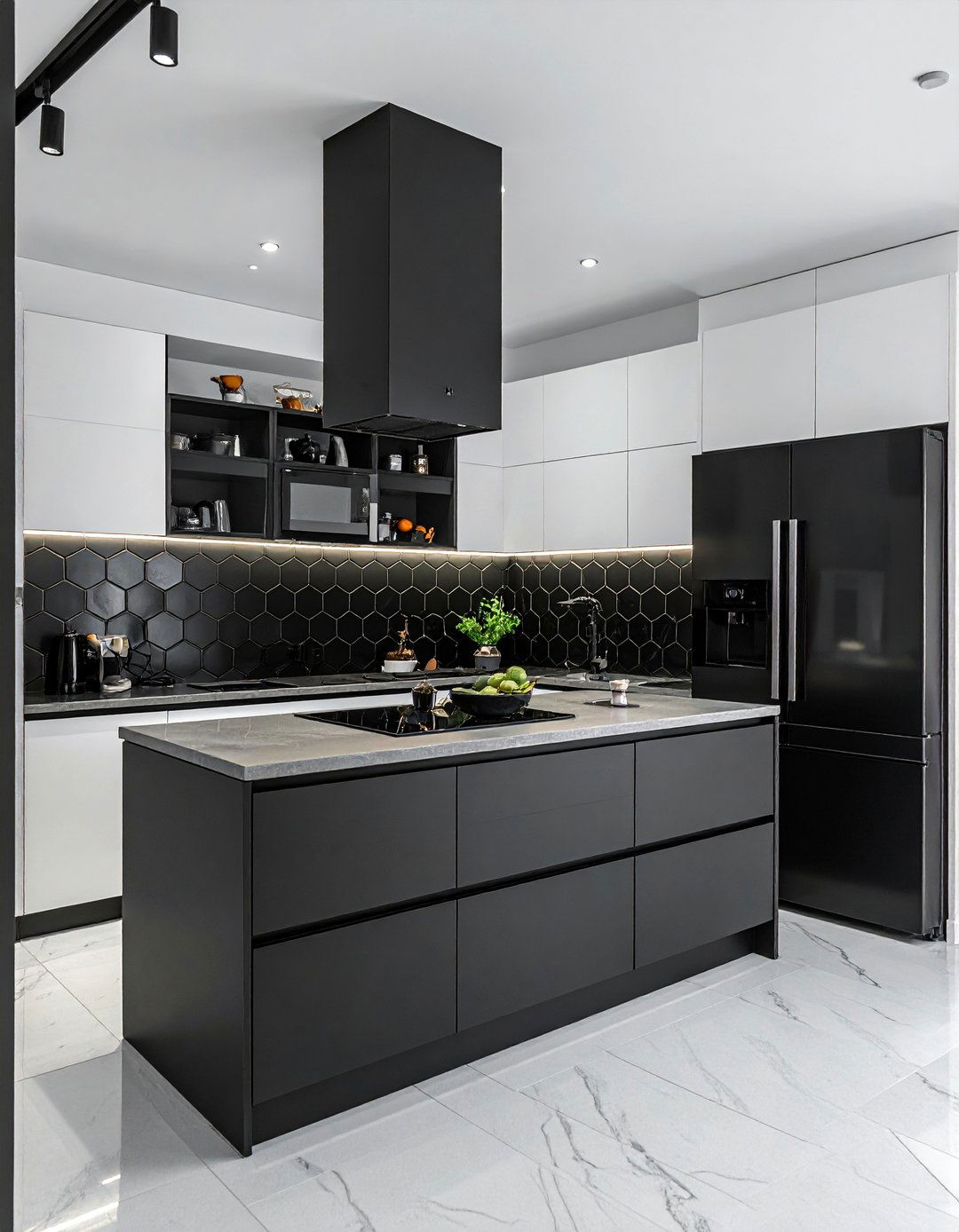 White Cabinets with a Black Geometric Backsplash - 25 White Kitchen with Black Appliances Ideas