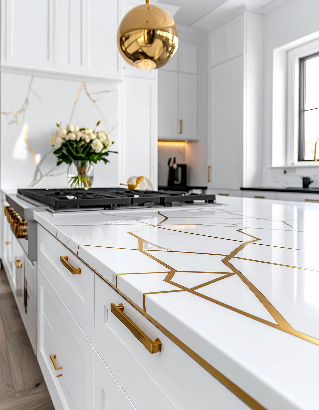 White Countertops with Gold Inlay - 25 Black White and Gold Kitchen Ideas for Elegance